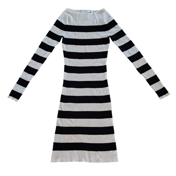 Black White Striped Knit Midi Sweater Dress XS Boat Neck Long Sleeve Nautical - Picture 3 of 7